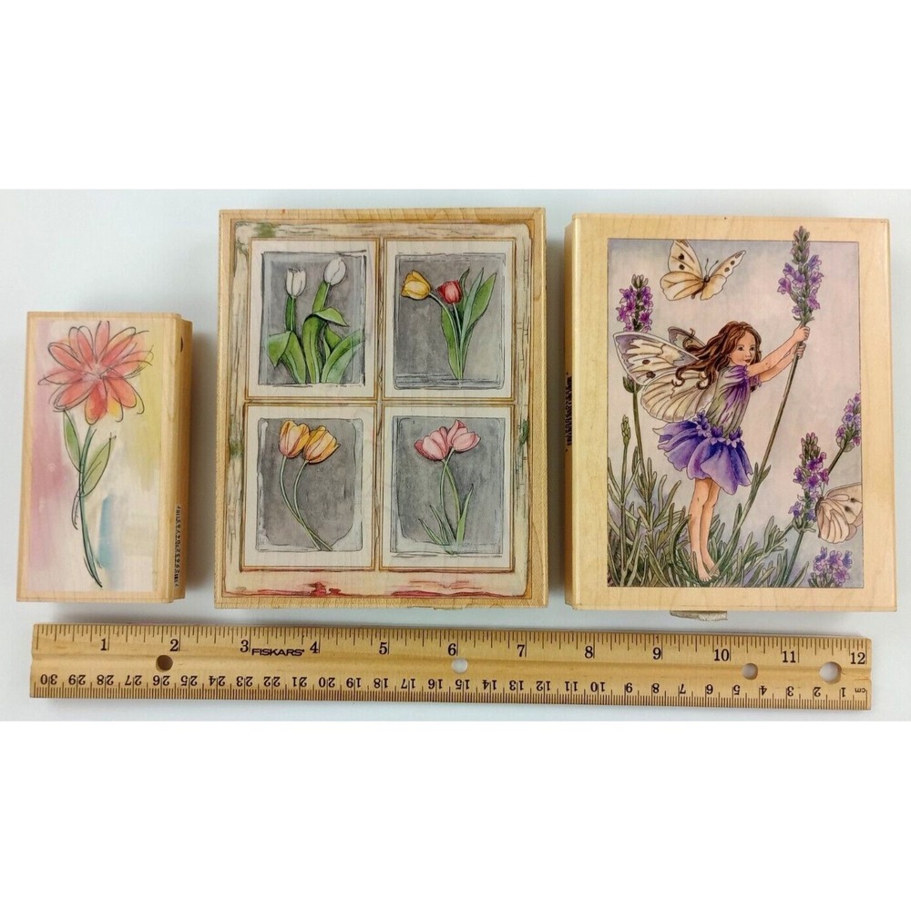 Lot of 3 Stamps Happen Hampton Art Floral Scrapbooking Cards Wooden Rubber